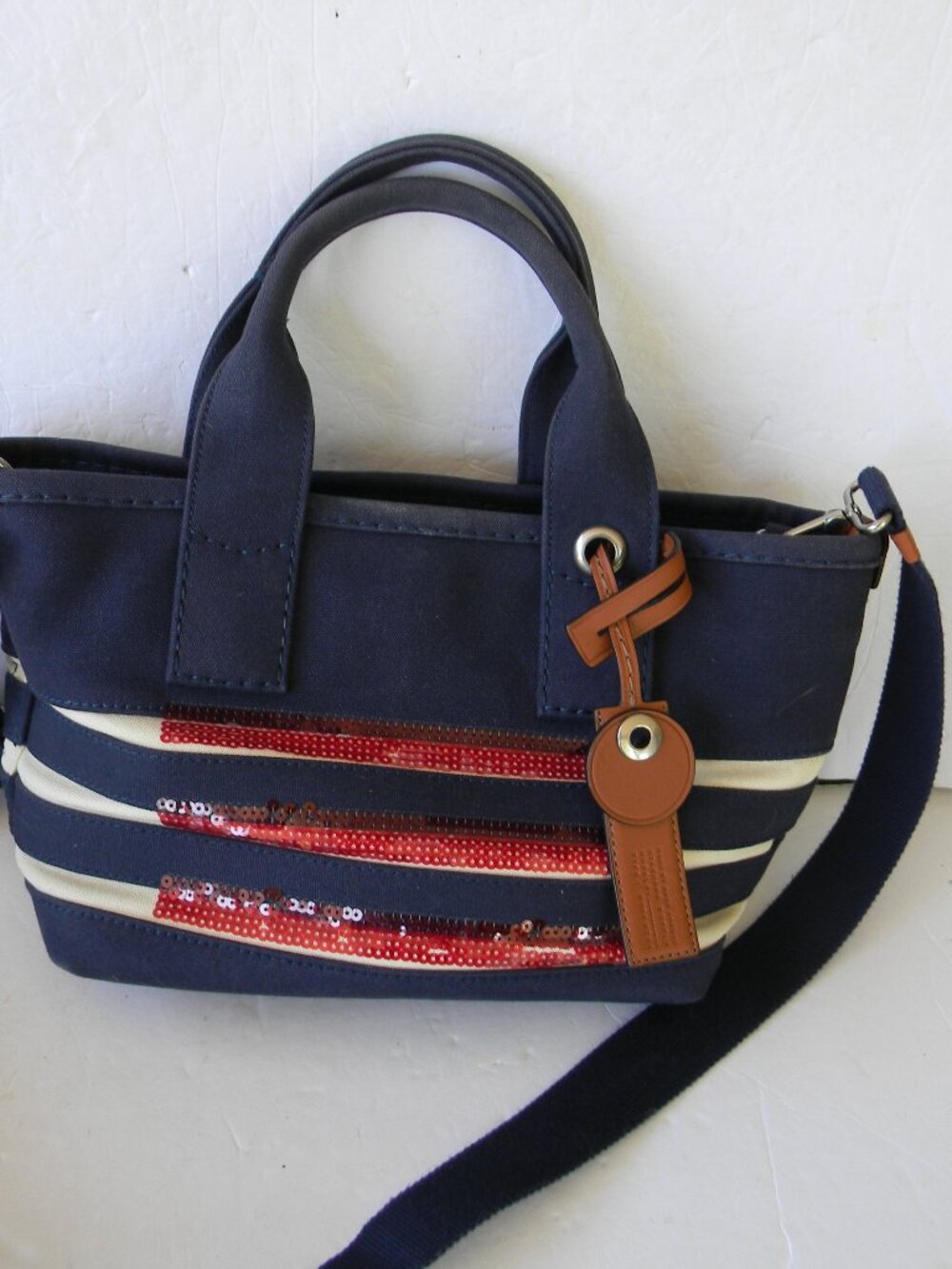 MARC BY MARC JACOBS ST. TROPEZ NAVY BLUE SEQUIN STRIPED SATCHEL CROSSBODY FLAG